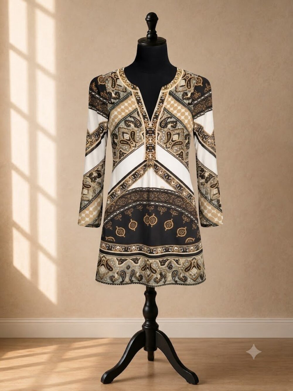 Hale Bob Vintage Matte Jersey V-Neck Shift Tunic Dress L - Earthy Paisley